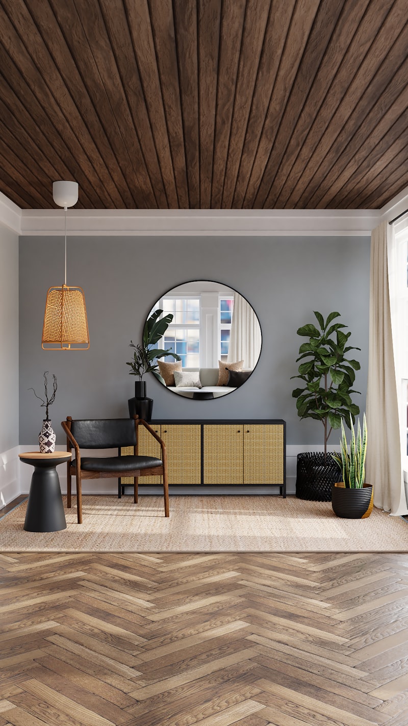 Detail of a modern minimal beige interior with smooth plaster walls and a subtle brown vase, refined elegance, no human